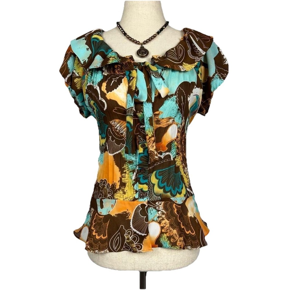 Vintage‎ Y2K Sunny Leigh Button Up Top PS Peter Pan Collar Tie Front Boho Artsy